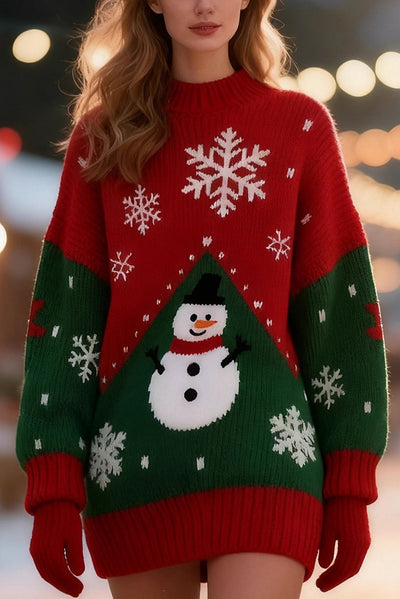 Christmas Snowman Pattern Loose Round Neck Long-sleeved Knit Sweater