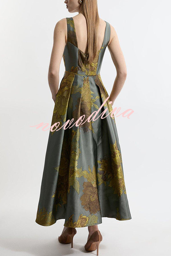 London Nights Satin Floral Pattern Square Neck Pocket Pleated Prom Maxi Dress