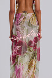 Floral Print Sexy Backless Slit See-Through Holiday Maxi Dress