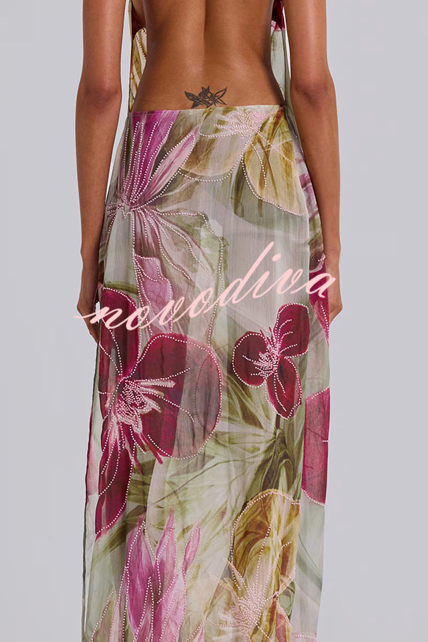 Floral Print Sexy Backless Slit See-Through Holiday Maxi Dress