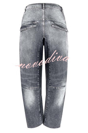 Casual Meetup Washed Denim Mid Rise Pocketed Barrel Jeans