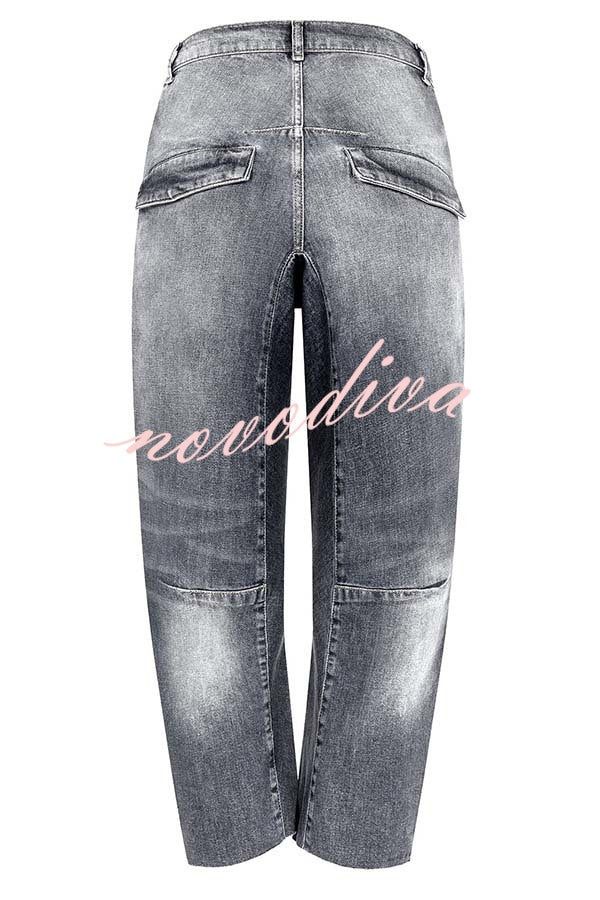Casual Meetup Washed Denim Mid Rise Pocketed Barrel Jeans
