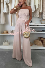 Elegant Solid Color Asymmetric Ruffles Bandeau Top and High Waist Wide Leg Pants Set