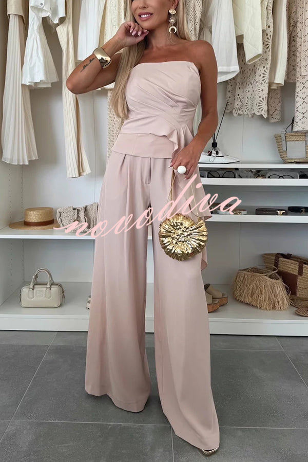 Elegant Solid Color Asymmetric Ruffles Bandeau Top and High Waist Wide Leg Pants Set