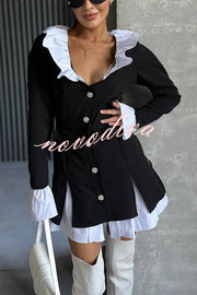 Altair Contrast Ruffled Shirt Patchwork Button Pleated Blazer Mini Dress