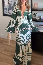 Holiday Fashion Unique Print Front Center Hollow Ring Long Sleeve Maxi Dress