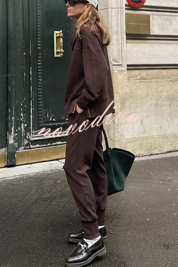 Afternoon Tea Time Turtleneck Side Zipper Sweatshirt and Elastic Waist Pocketed Loose Jogger Set