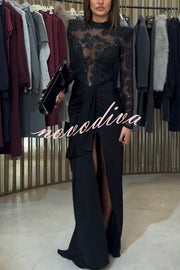 Fenna Sheer Floral Sequin Shoulder Pads Long Sleeve Drape Slit Maxi Dress