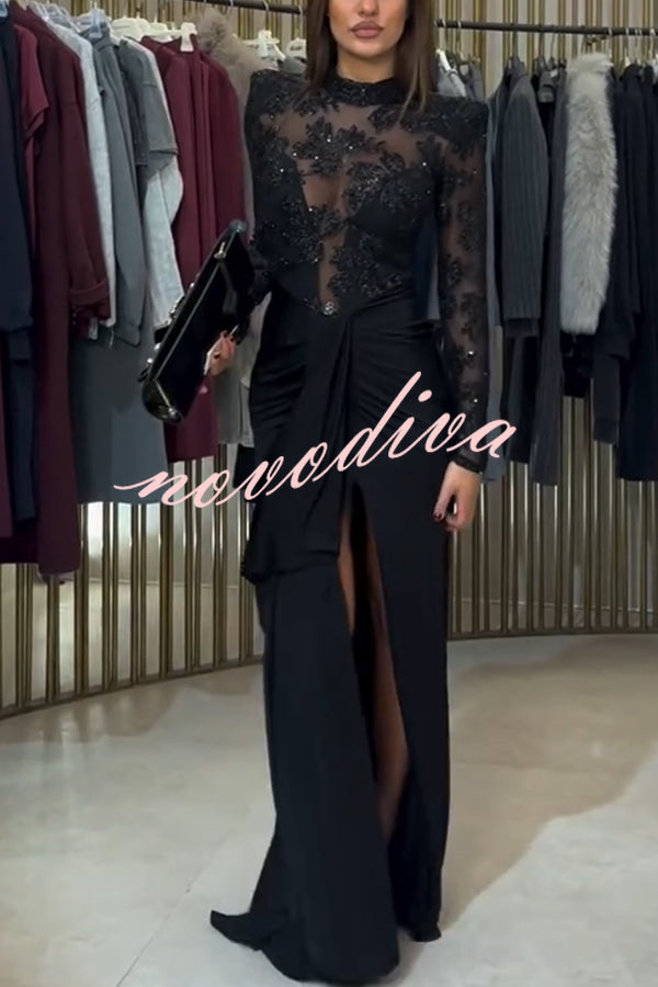 Fenna Sheer Floral Sequin Shoulder Pads Long Sleeve Drape Slit Maxi Dress
