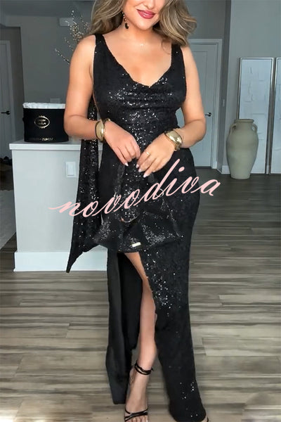 All The Sparkle Sequin Cowl Neck Backless Slit Stretch Maxi Dress