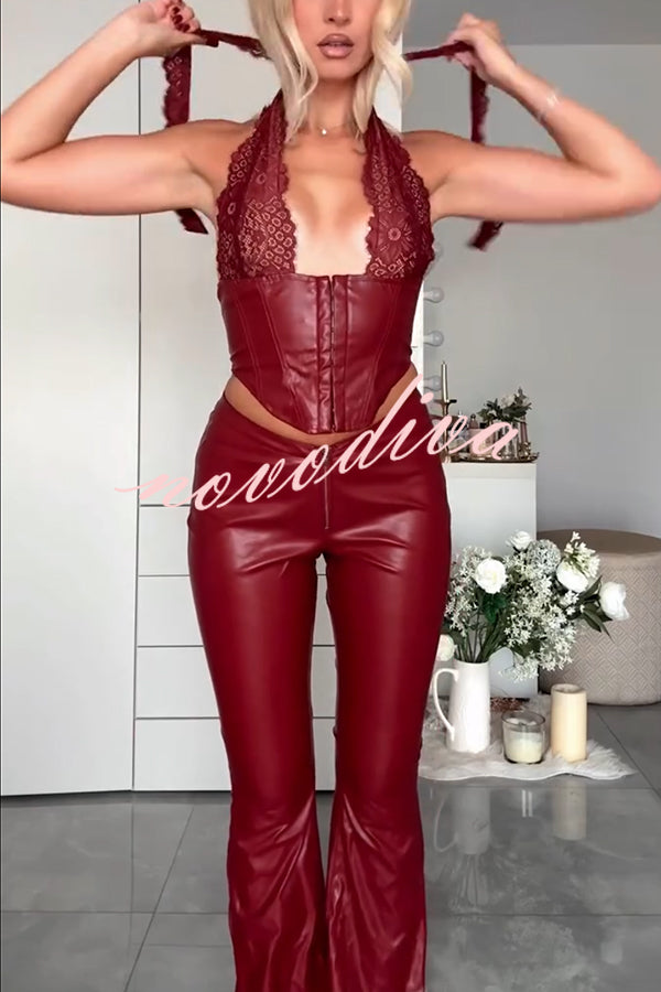 Style Challenge Stretch Faux Leather Lace Halter Tank and Zipper Waist Flare Pants Set