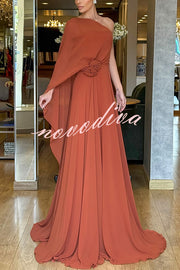 Iriena Chiffon One Shoulder Rose Decoration Waist Formal Maxi Dress