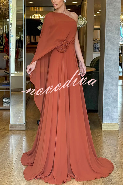 Iriena Chiffon One Shoulder Rose Decoration Waist Formal Maxi Dress
