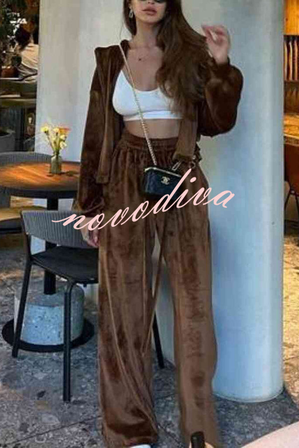 Velvet Casual Zip-up Hooded Top and Elastic Waist Wide Leg Pants Set