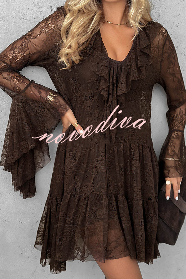 Feeling Lighthearted Lace Ruffle Neck Bell Sleeve Layered Hem A-line Mini Dress