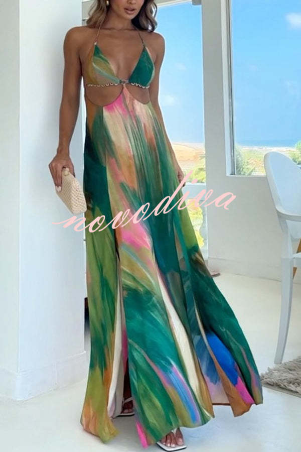 Andie Splash Ink Printed Cutout Back Tie-up Slit Vacation Maxi Dress