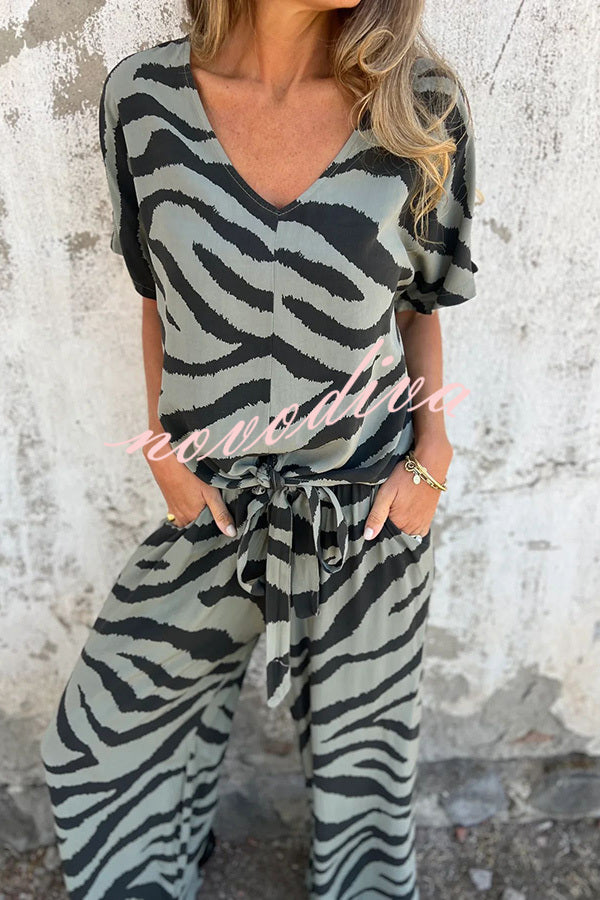 Zebra Print V-neck Short-sleeved Lace-up Top and Elastic Waist Pocket Straight-leg Pants Set