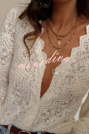 Fashionable Openwork Lace Long-sleeved V-neck Elegant Shirt