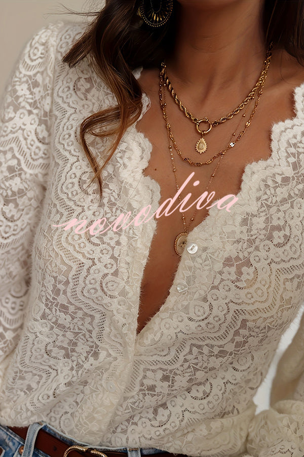 Fashionable Openwork Lace Long-sleeved V-neck Elegant Shirt