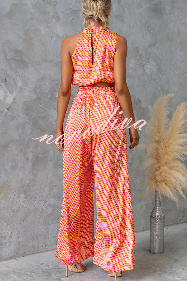 Girls Night Satin Printed High Neck Top and Elastic Tie-up Waist Pocket Wide Leg Pants Set