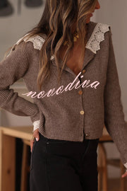 Fashionable Lace-trimmed Sailor Collar Casual Knit Cardigan