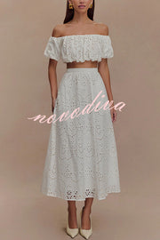 Arla Embroidered Lace Hollow High Rise A-line Midi Skirt