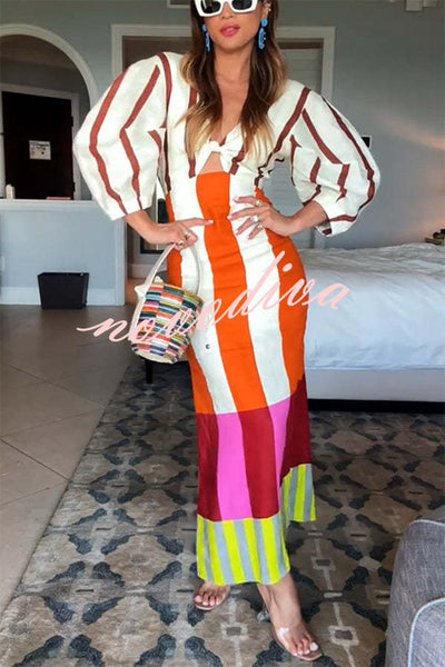 Kaya Linen Blend Color Block Print Front Cutout Knot Puff Sleeve Maxi Dress
