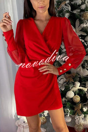 Solid Color V-neck Slim Fit Mesh Long-sleeved Mini Dress