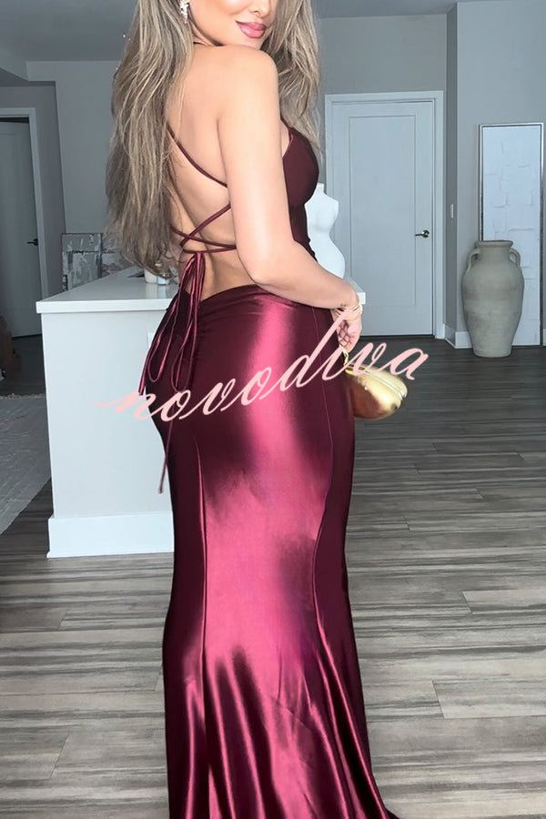 Mermaid Silhouette Satin Back Lace-up Ruched Slip Maxi Dress