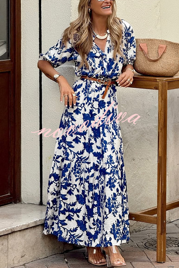 Plant Print V-neck Half-sleeve High Waist Casual Maxi Dress