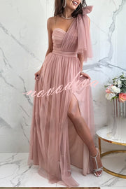 Feeling Galm Tulle Knotted One Shoulder Pleated Slit Maxi Dress