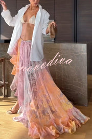 Tesley Lace Gradient Print Elastic Waist Irregular Ruffles Maxi Skirt