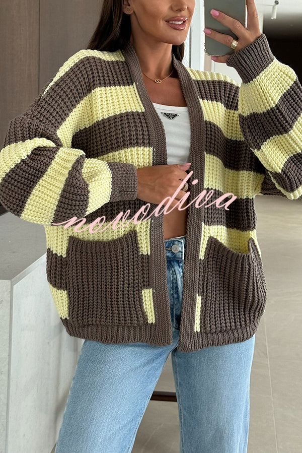 Fashionable Patchwork Striped Casual Pocket Knitted Sweater