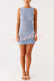 Fashion Knit Hollow Beaded Tassel Embellished Sleeveless Slim Mini Dress