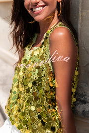 Fashionable Sequined Round Neck Sleeveless Loose Vest