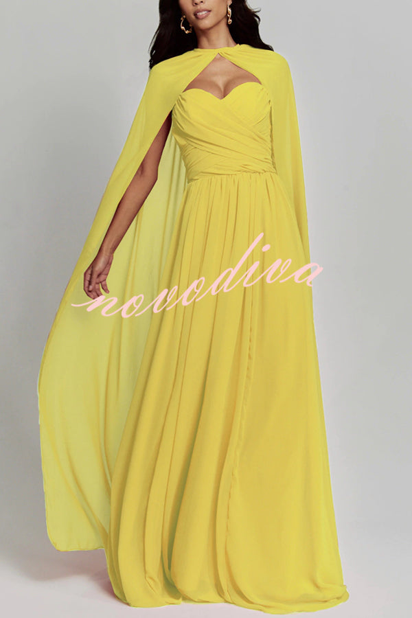 Romantic Party Chiffon Off Shoulder Sweetheart Neck Ruched Cape Maxi Dress