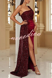 Taylor Sequin Velvet Patchwork One Shoulder Ruched Slit Prom Maxi Dress