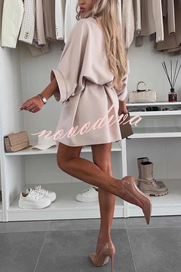 Solid Color Loose Round Neck Belted Mini Dress