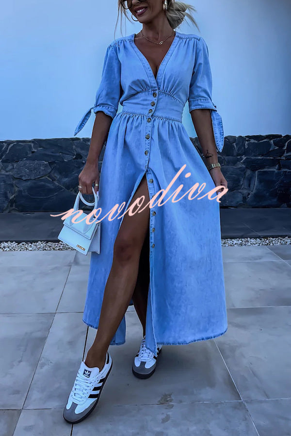 Solid Color V-neck Button-down Denim Midi Dress