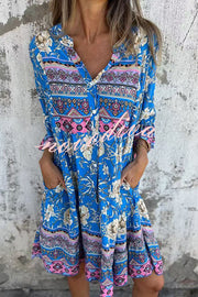 Ethnic Floral Print V-neck Loose Pocket Mini Dress