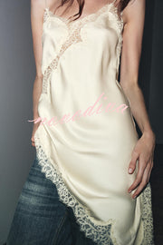 Satin Lace Trim V-neck Asymmetrical Hem Slip Mini Dress