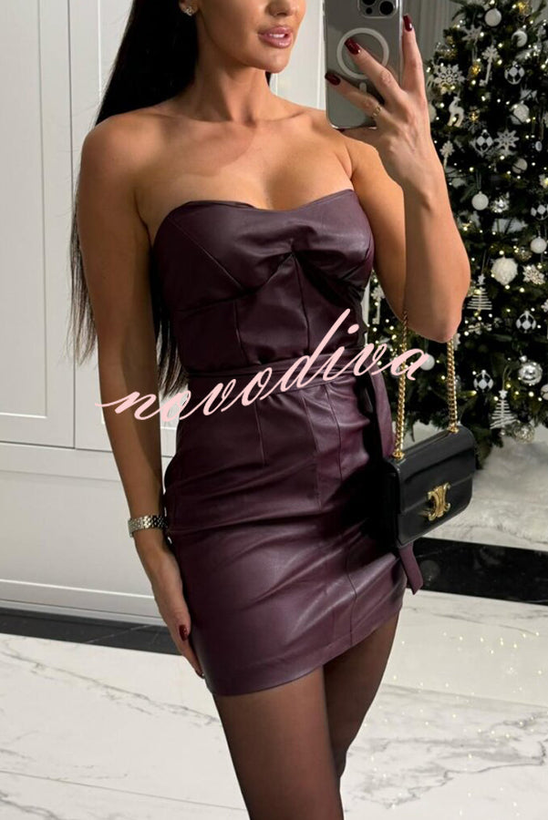 Make My Night Faux Leather Off Shoulder Belted Stretch Mini Dress