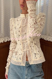 Fashion Hollow Lace Stand Collar Long Sleeve Slim Shirt