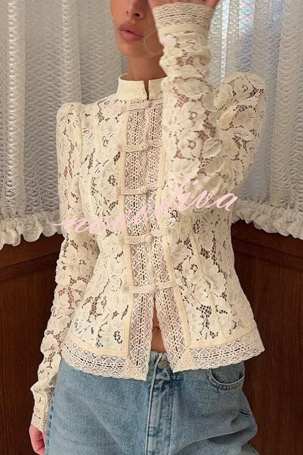 Fashion Hollow Lace Stand Collar Long Sleeve Slim Shirt