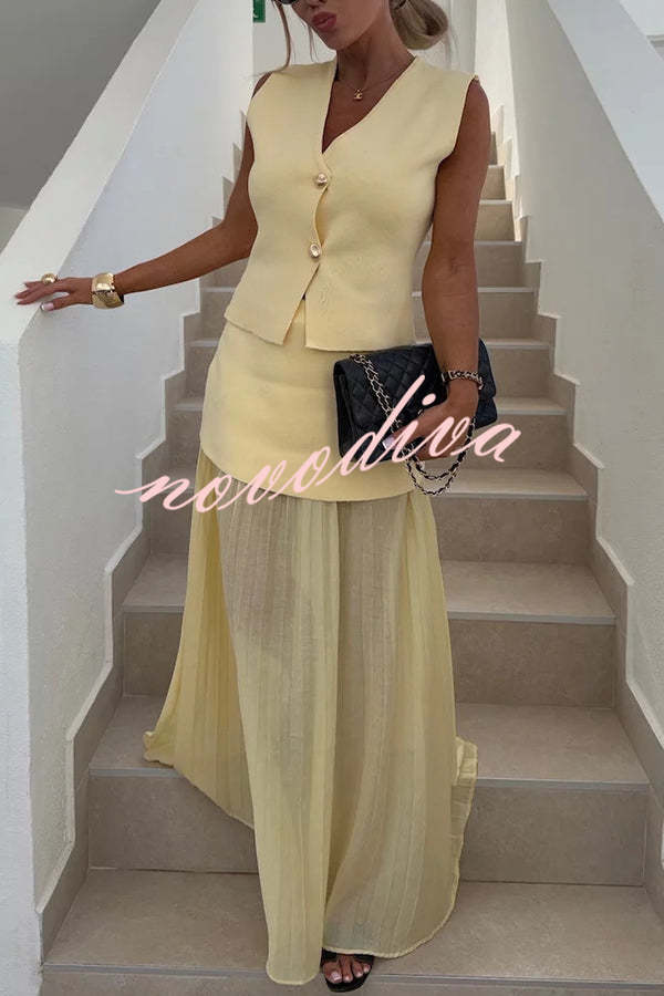 Stylish and Elegant Knit Spliced Tulle Elastic Waist Pleated Maxi Skirt