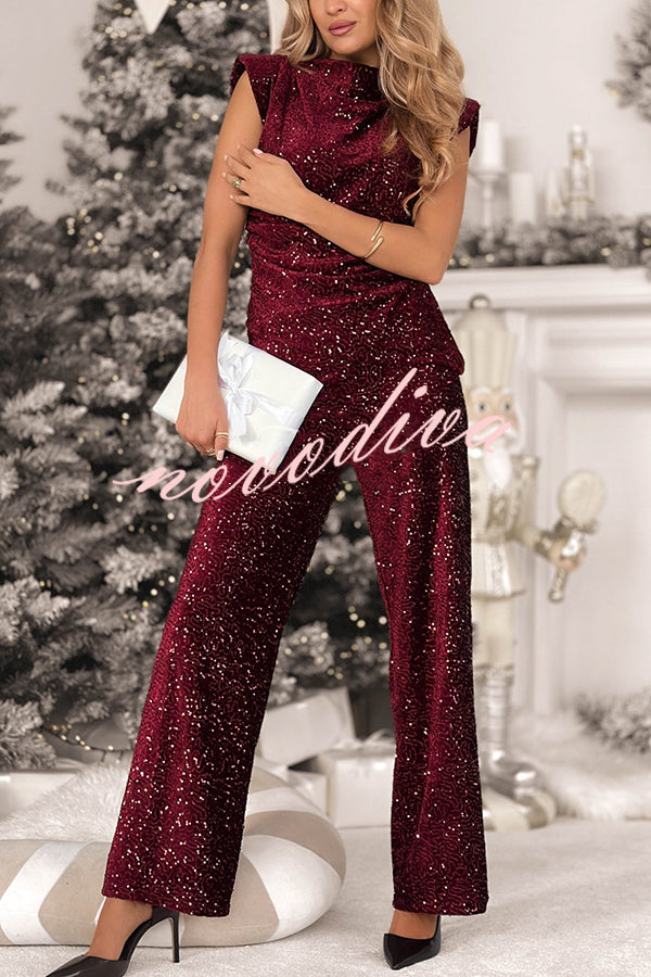 Stylish Sparkly Velvet Sequin Sleeveless Pleated Top and Casual Wide-leg Pants Set