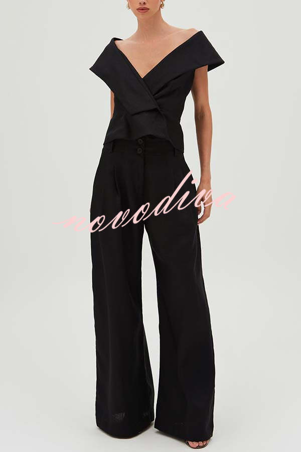 Velena Linen Blend Button Up Lapel Top and High Rise Pocket Wide Leg Pants Set