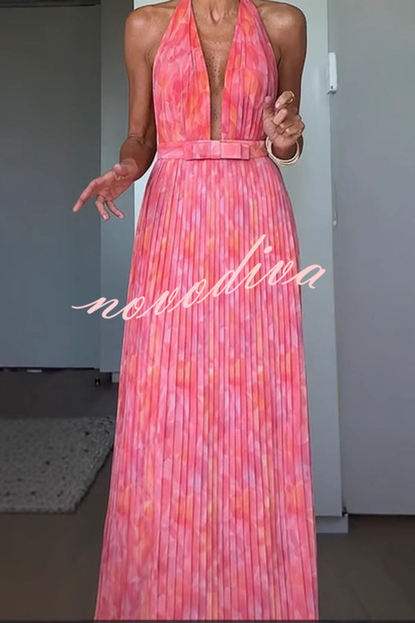 Unique Print Sexy Halter Neck Tie Pleated Vacation Maxi Dress