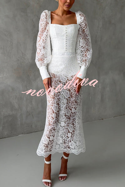 Timeless Moment Floral Lace Square Neck Button Up Balloon Sleeve Top