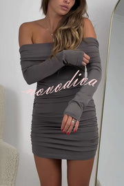 Friday Party Off Shoulder Long Sleeve Ruched Stretch Party Mini Dress